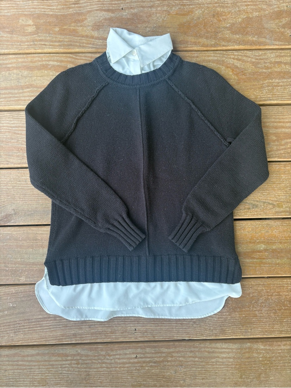 Lauren Ralph Lauren Black Crewneck Sweater with Attached White Shirt Hem